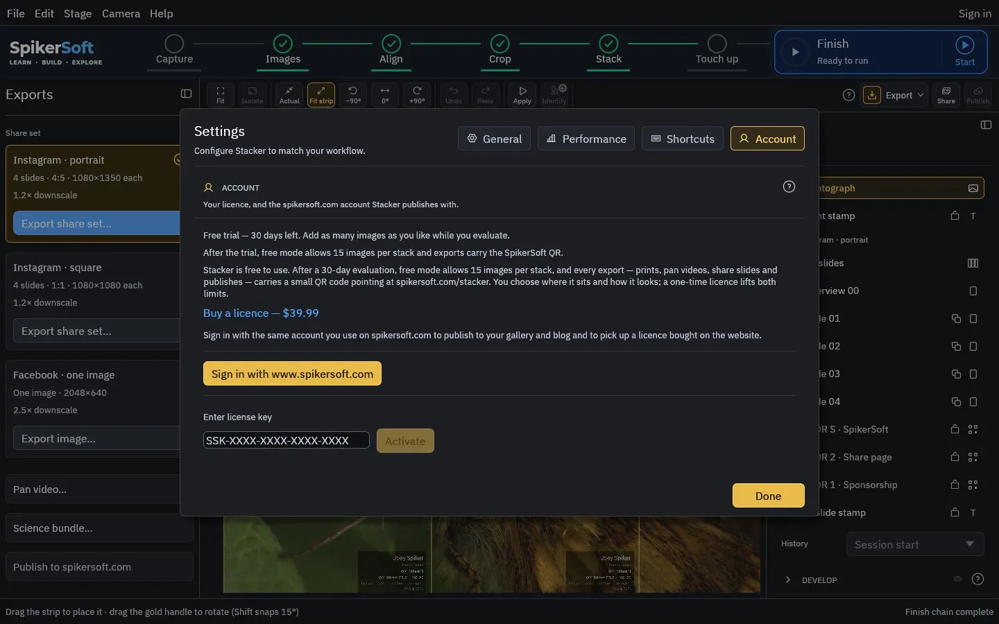 Settings › Account: the licence, sign-in, and the licence key.