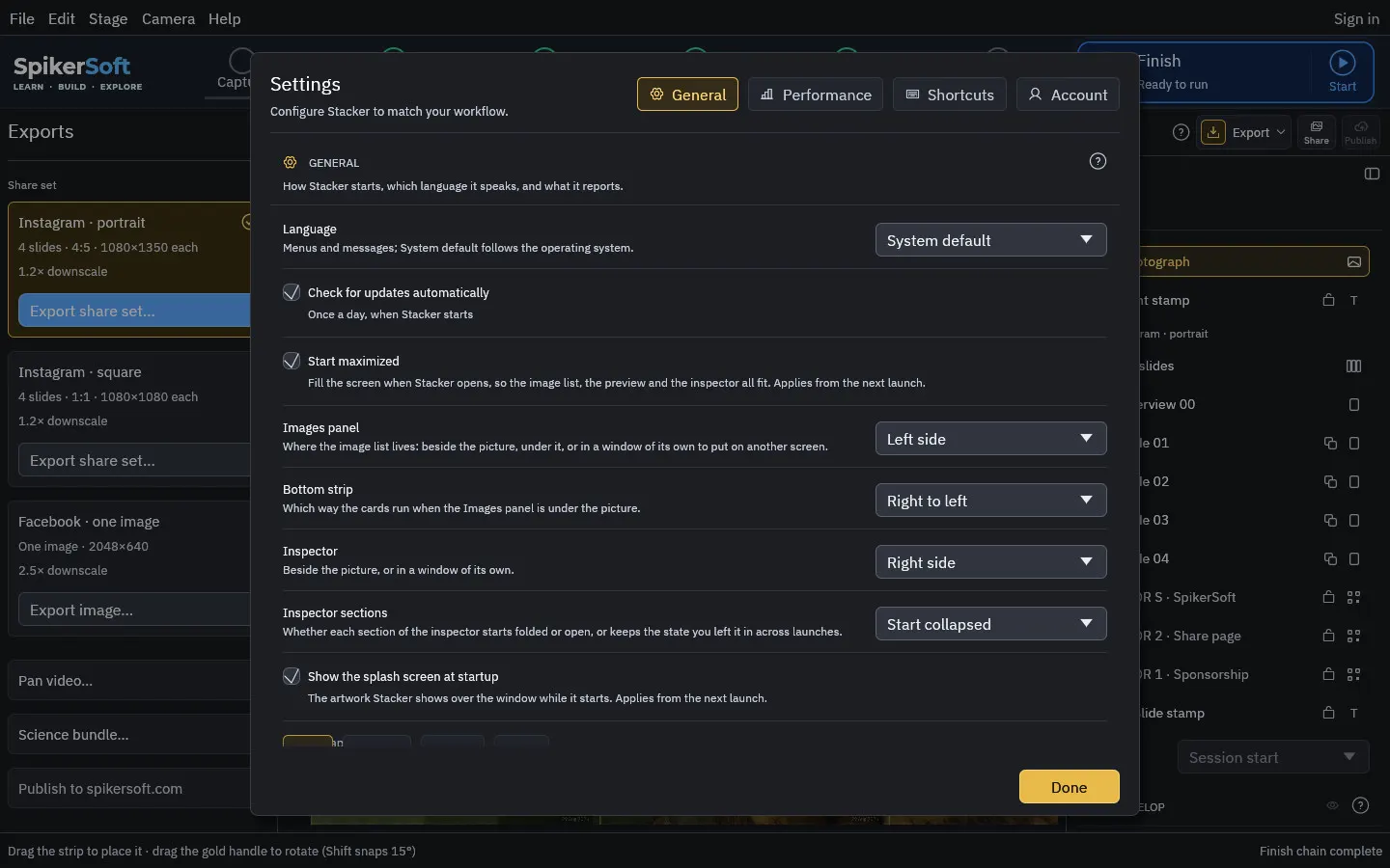 Settings › General: language, updates, the window, the panels, the inspector sections, the focus map and crash reports.