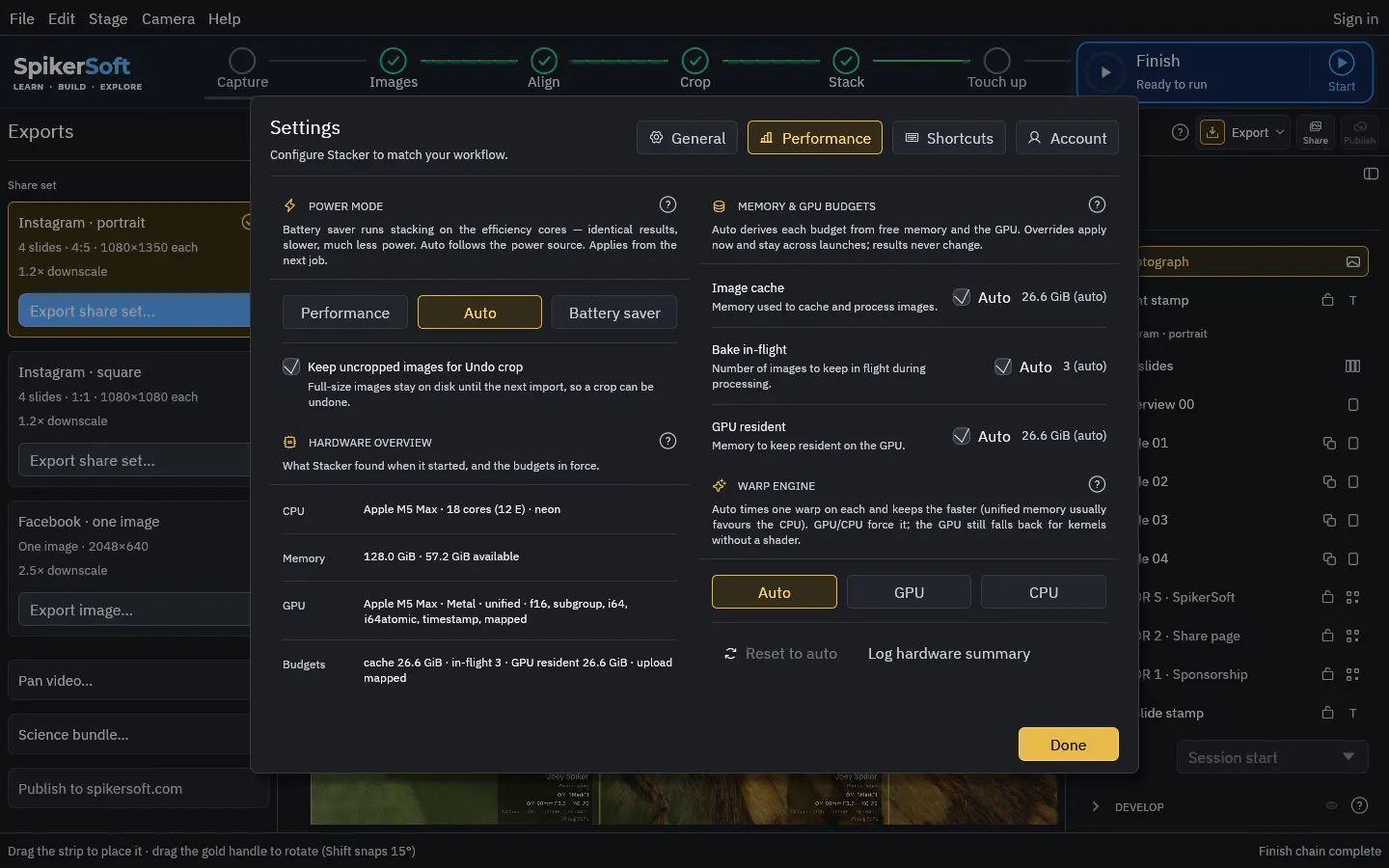 Settings › Performance: power mode, the hardware overview, the memory and GPU budgets, the warp engine.