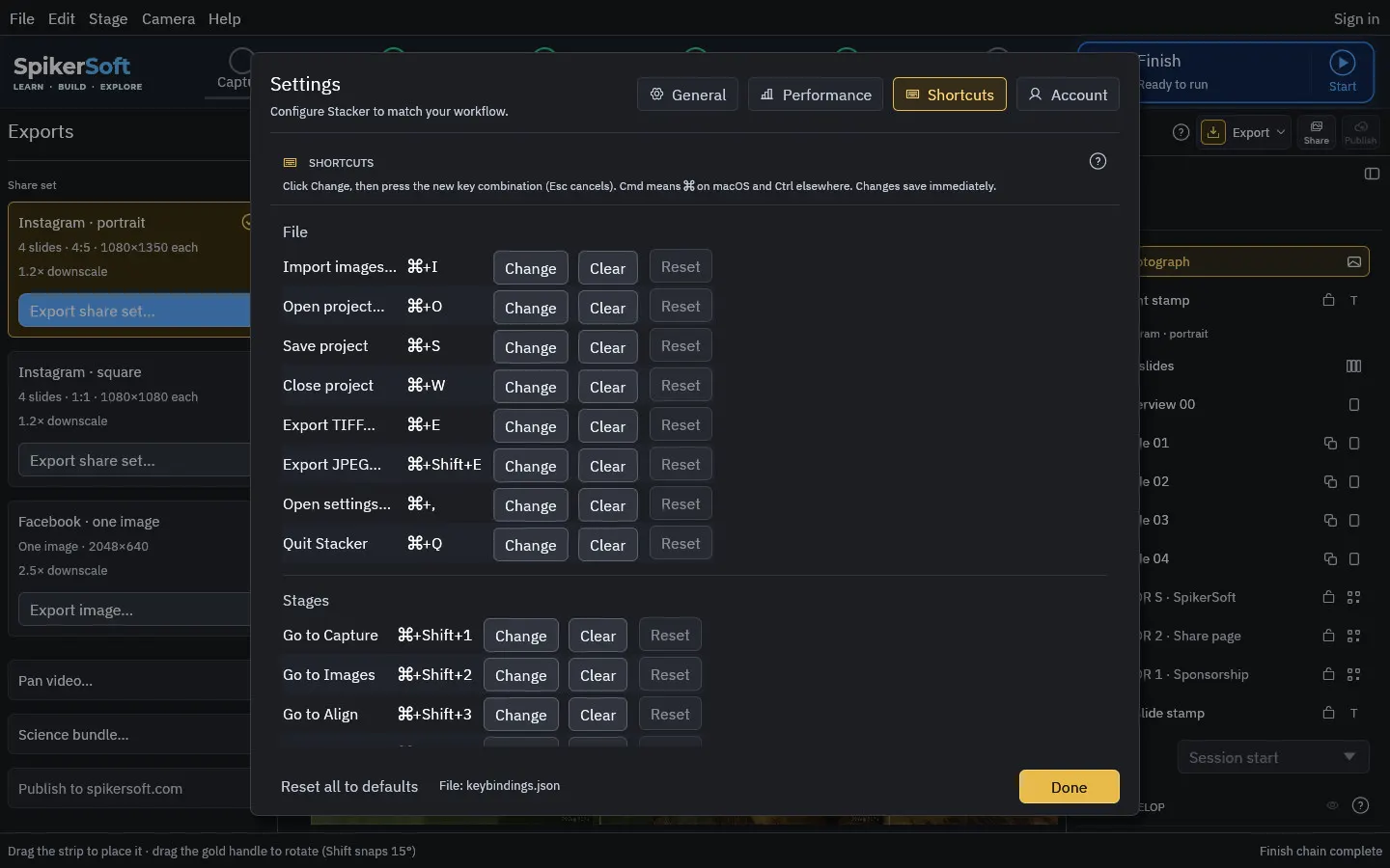 Settings › Shortcuts: every action, its chord, and Change, Clear and Reset.