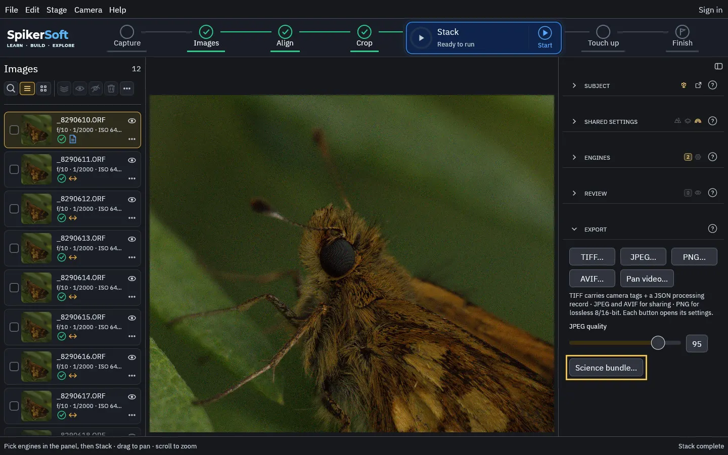 Export: the formats, the pan video, JPEG quality and the science bundle.