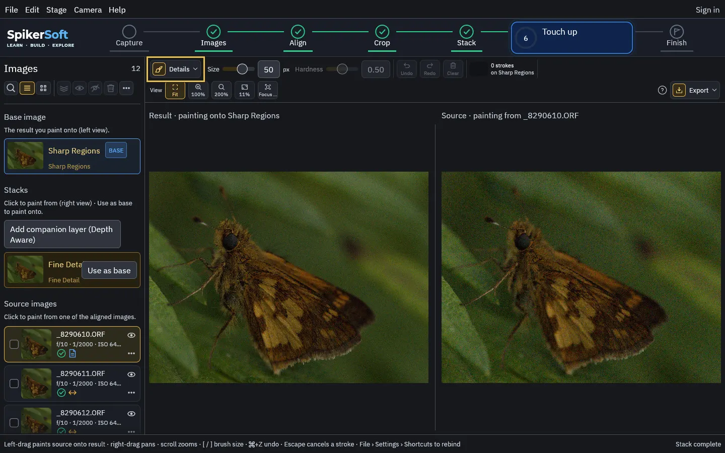 Touch up: the result at the left, the source at the right, the brush toolbar above.